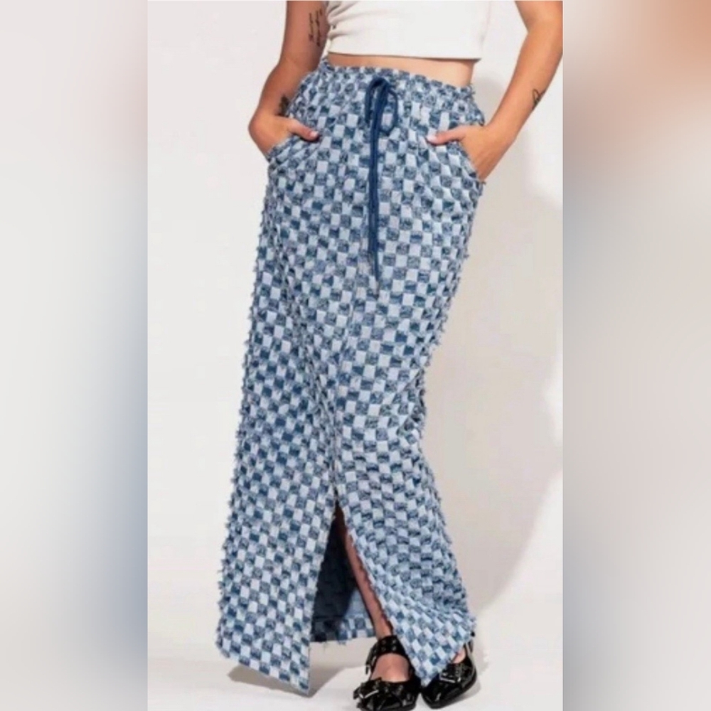 Dressed In LALA Check Mate Textured Denim Maxi Skirt Size Small